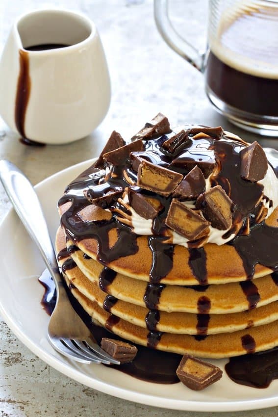 Peanut Butter Cup Pancakes will please your chocolate and peanut butter lover to no end. Spectacular!