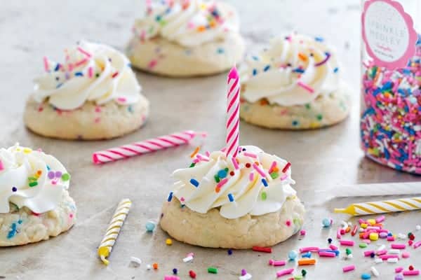 Birthday Cake Cookies are topped with vanilla buttercream and sprinkles. Happy birthday to you!
