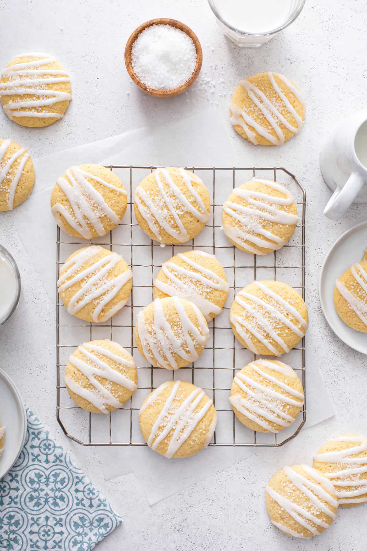 Overhead view of glazed pound cake cookies on a wire cooling rack.