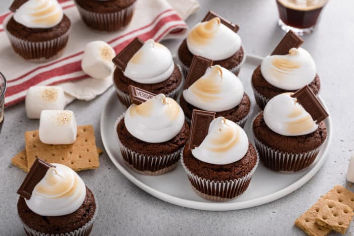 White platter filled with s'mores cupcakes, surrounded by graham crackers and toasted marshmallows.