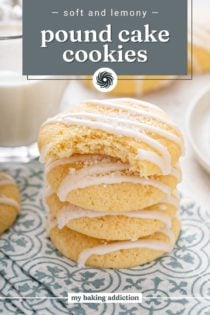 Stack of glazed pound cake cookies on a blue and white napkin. The top cookie has a bite taken from it. Text overlay includes recipe name.