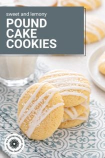 Three pound cake cookies stacked next to a glass of milk with a fourth cookie leaning against the stack. Text overlay includes recipe name.