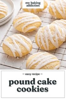 Pound cake cookies scattered on a wire cooling rack. Text overlay includes recipe name.