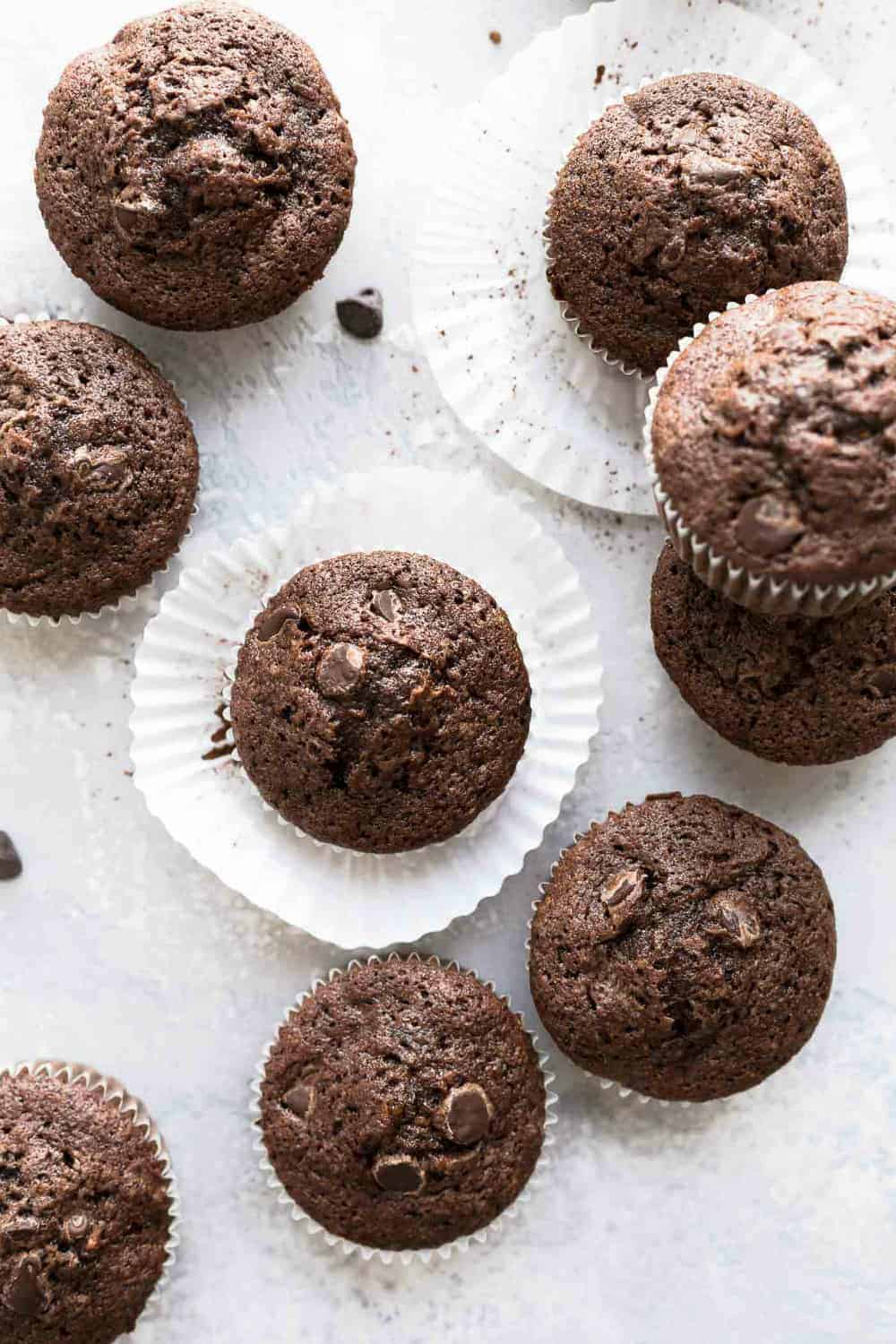 Overhead view of baked chocolate zucchini muffins