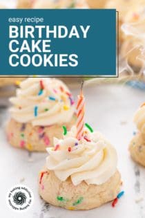 Blown out birthday candle on top of a birthday cake cookie on a marble countertop. Text overlay includes recipe name.