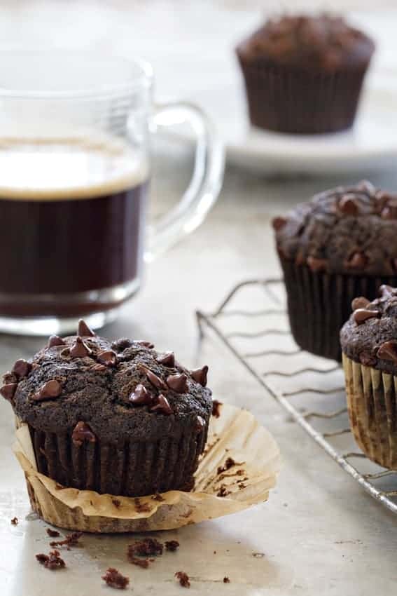 Chocolate Zucchini Muffins have bits of chocolate chips. So, so good.