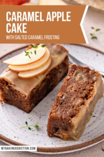 Two thin slices of caramel apple cake on a speckled plate. One of the pieces is turned on its side. Text overlay includes recipe name.