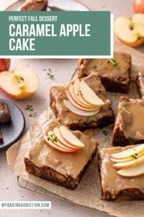 Slices of caramel apple cake, topped with salted caramel frosting and garnished with apple slices. Text overlay includes recipe name.