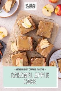 Overhead view of six slices of frosted caramel apple cake, garnished with thinly sliced apples. Text overlay includes recipe name.