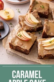 Slices of caramel apple cake arranged on a piece of parchment paper. Text overlay includes recipe name.