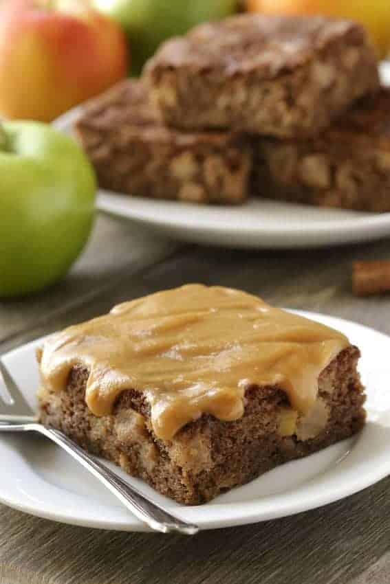 Caramel Apple Cake has a heavenly caramel sauce poured right on top. Sweet, salty, and totally sinful! Gluten-free option included.