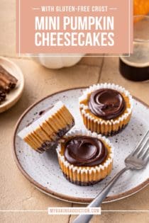 Three mini pumpkin cheesecakes, each topped with chocolate ganache, arranged on a plate. Text overlay includes recipe name.