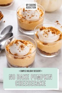 Several small glass dishes filled with no-bake pumpkin cheesecake on a marble surface. Text overlay includes recipe name.