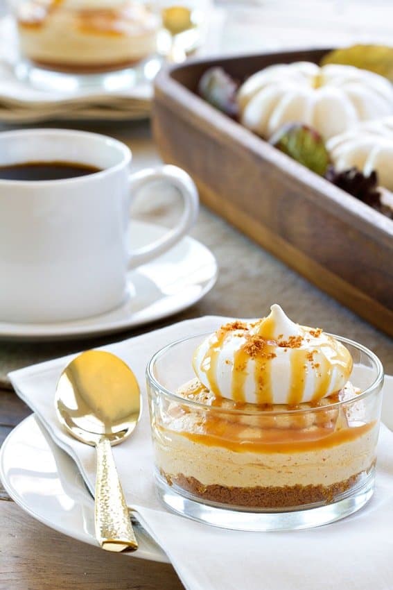 No-Bake Pumpkin Cheesecake has a salted caramel sauce drizzled right on top. Salty, sweet, and amazing.