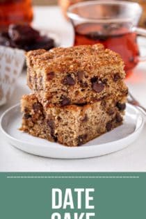 Two slices of date cake stacked on a white plate. Text overlay includes recipe name.