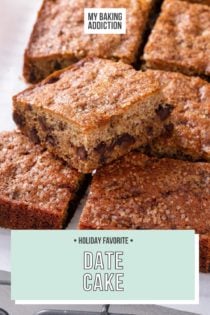 Date cake sliced into pieces on a piece of parchment paper set on a wire cooling rack. Text overlay includes recipe name.