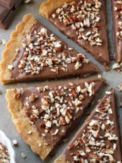 Gluten-Free Shortbread is drenched in chocolate and sprinkled with nuts. Easy and delicious. All-purpose flour option included.