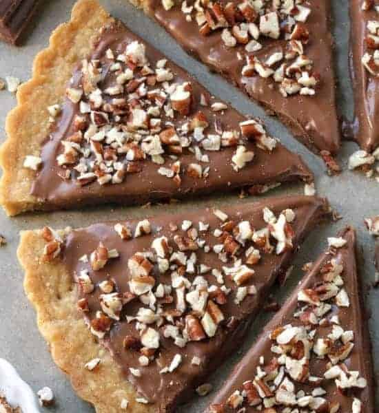 Gluten-Free Shortbread is drenched in chocolate and sprinkled with nuts. Easy and delicious. All-purpose flour option included.