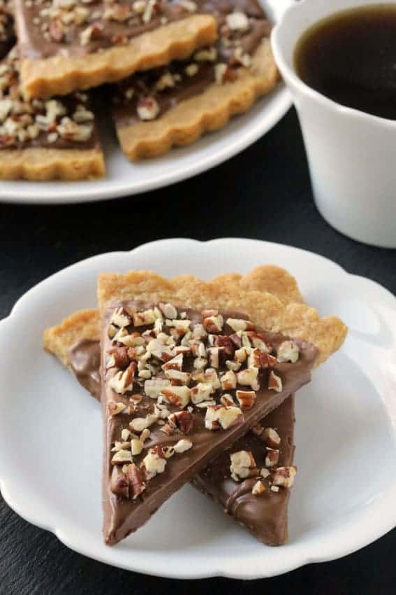 Gluten-Free Shortbread is drenched in chocolate and sprinkled with pecans. So delicious! All-purpose flour option included.