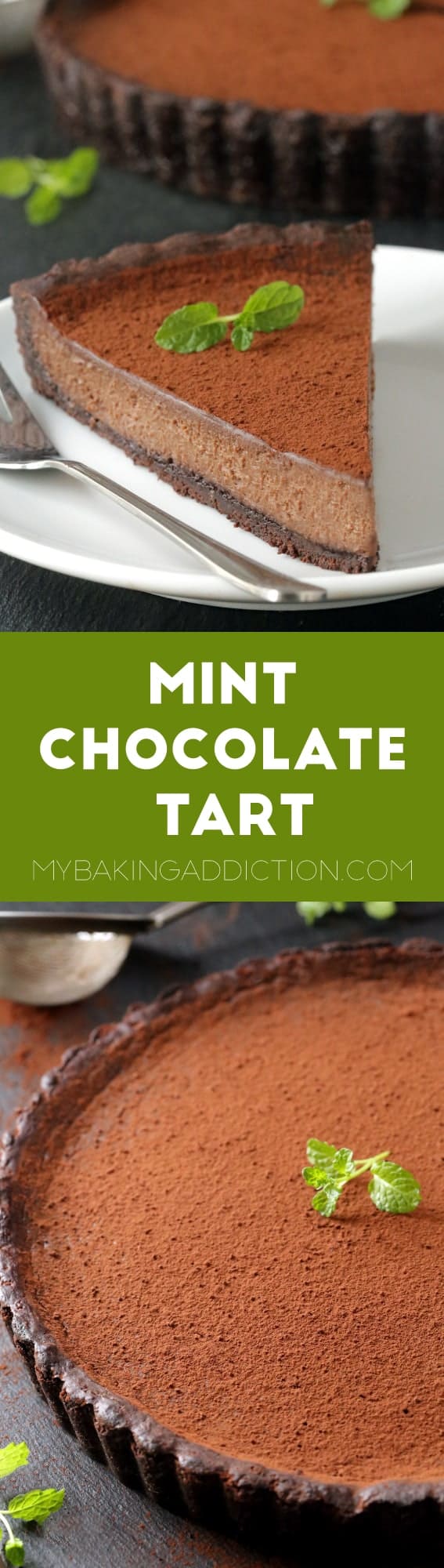 Mint chocolate tart with a rich and creamy filling and a homemade chocolate cookie crust. Recipe includes a gluten-free option. So delicious!