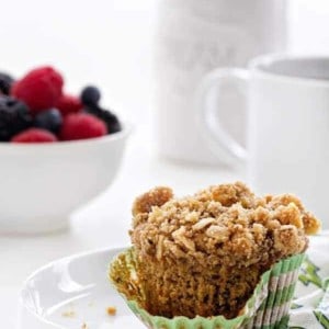 Olive Oil Banana Walnut Muffins are delicious way to start your day. The crunchy crumb topping makes the extra special!