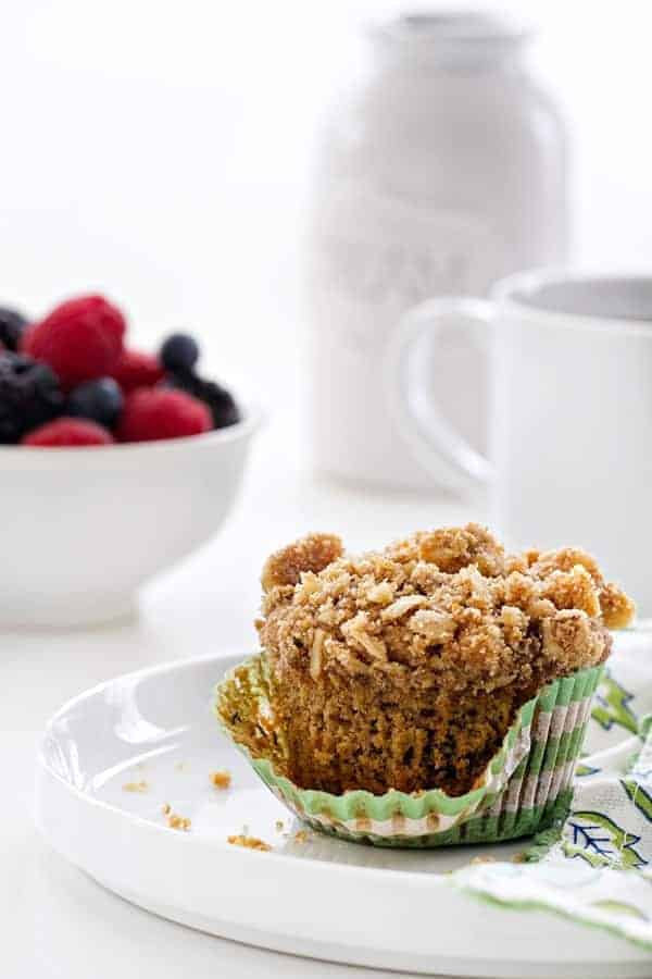 Olive Oil Banana Walnut Muffins are delicious way to start your day. The crunchy crumb topping makes the extra special!