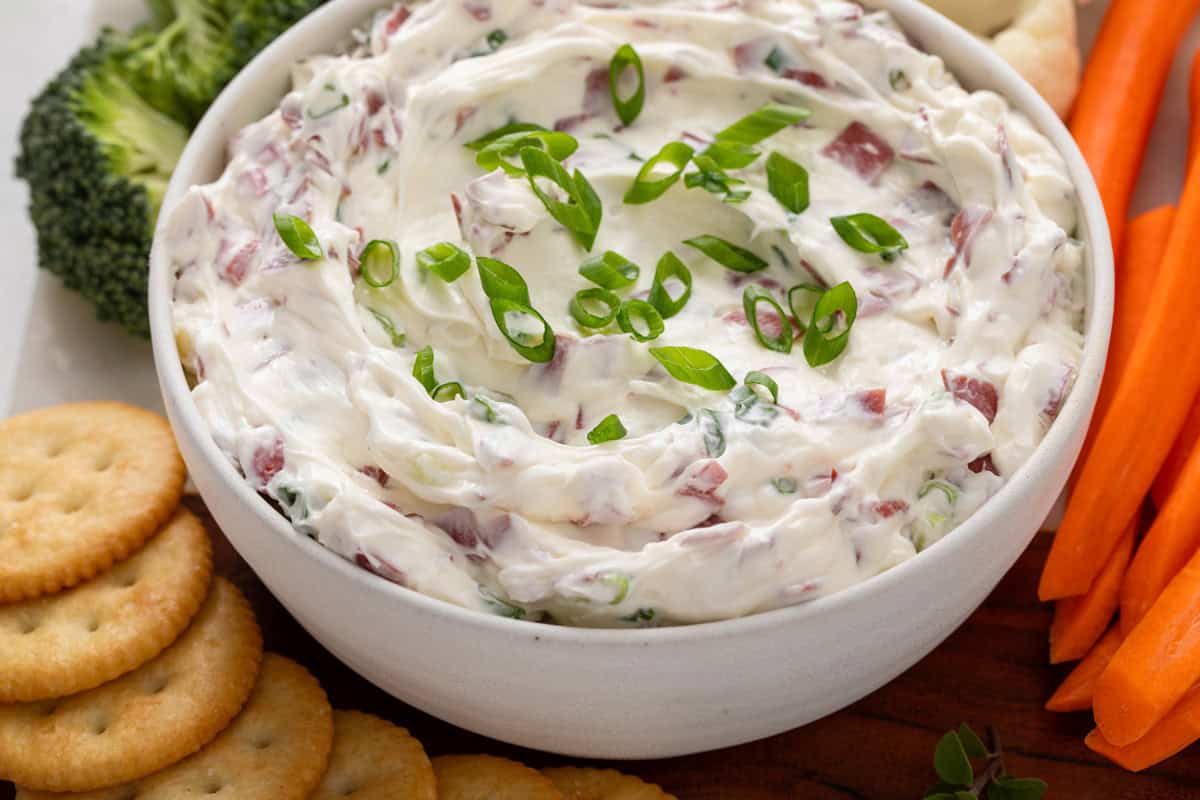 Close up of dried beef dip in a bowl.
