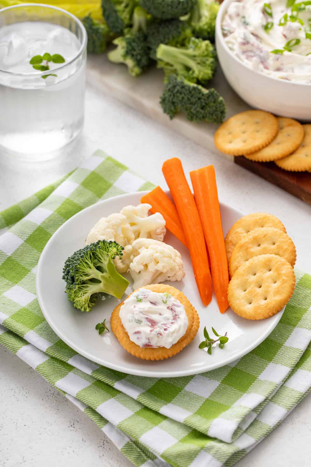 White plate holding fresh veggies, crackers, and dried beef dip.