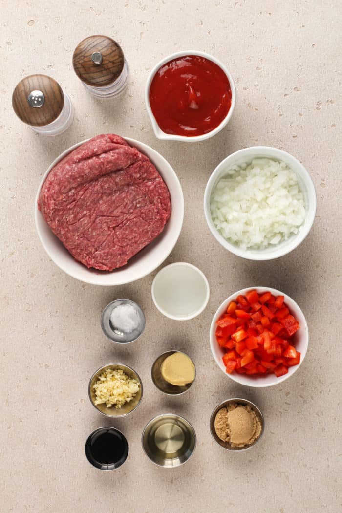 Ingredients for sloppy joes on a light colored countertop.