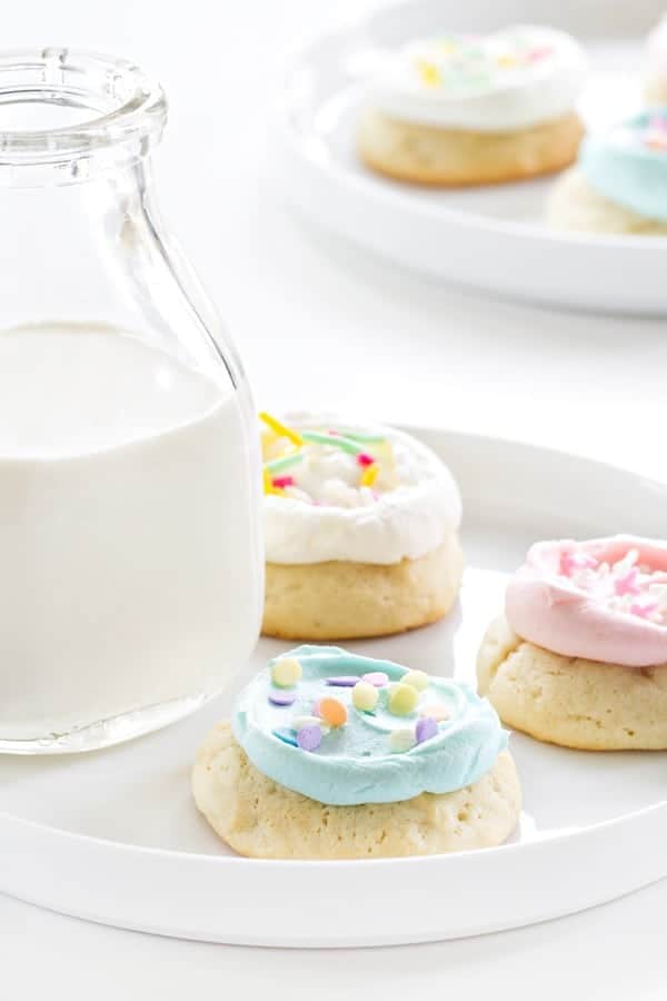 Soft Sugar Cookies are frosted with buttercream. Heaven in a cookie!