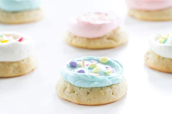 Soft Sugar Cookies are topped with fun pastel sprinkles. A cookie that brings happy smiles!