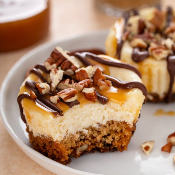 Bite taken from a mini turtle cheesecake.