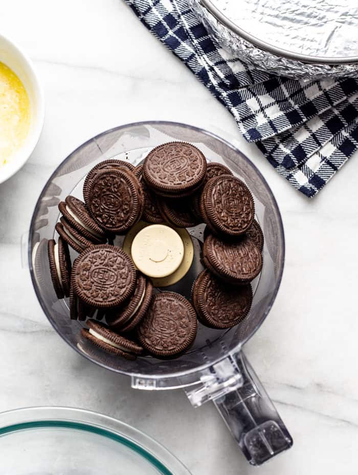 Overhead view of Oreo cookies in the bowl of a food processor