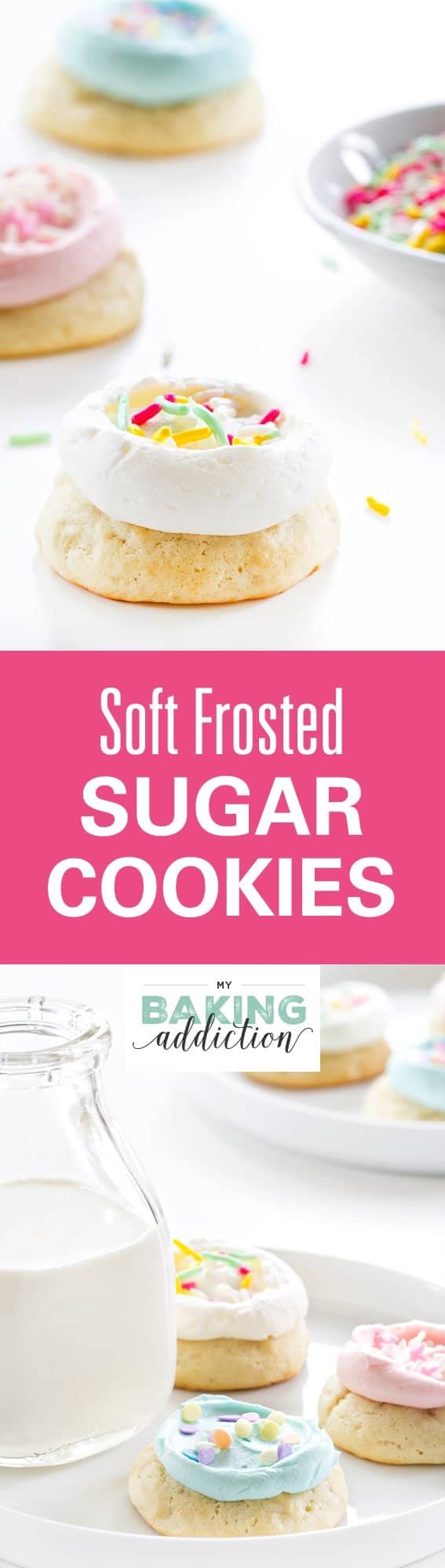 Soft Frosted Sugar Cookies are soft, cakey, and delicious. A swirl of fluffy, pastel buttercream and sprinkles makes them perfect for spring. So delightful!