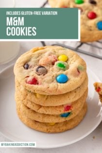 5 m&M cookies stacked on a white plate. Text overlay includes recipe name.