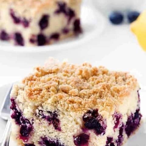 Blueberry coffee cake with a delicious streusel topping tastes just like a bakery-style blueberry muffin. Recipe contains a gluten-free option.