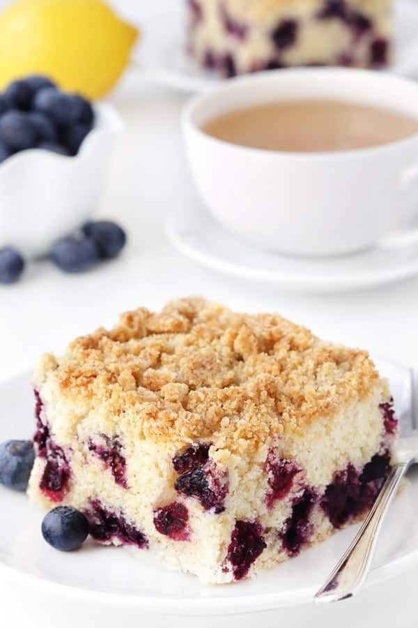Blueberry coffee cake with streusel topping tastes just like a delicious blueberry muffin. Recipe contains a gluten-free option.