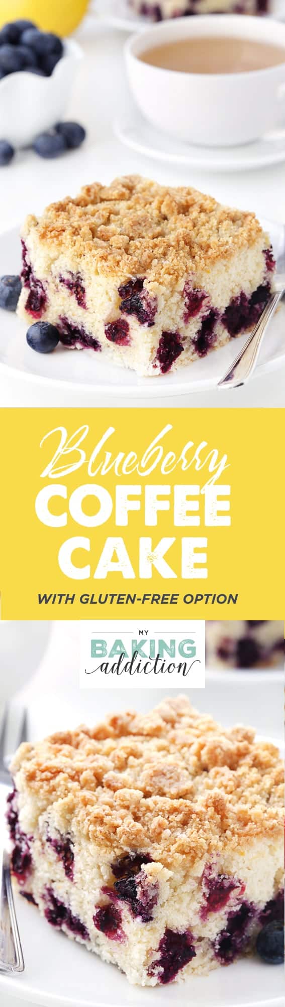 This Blueberry coffee cake with streusel topping tastes just like a delicious blueberry muffin. Recipe contains a gluten-free option.