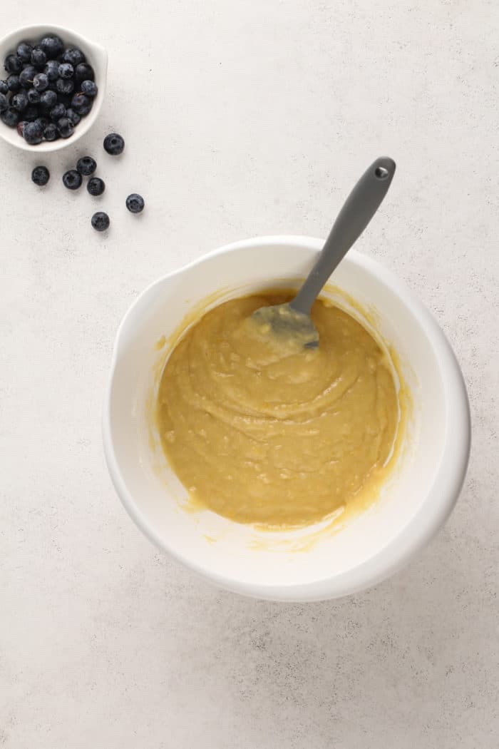 Coffee cake batter in a white bowl.