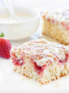 Strawberry Rhubarb Coffee Cake is filled with beautiful bites of sweetness in the cake and on top. Total heaven!