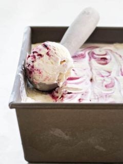 Roasted Berry No-Churn Ice Cream has deep vanilla notes. The creamy texture is absolute heaven!