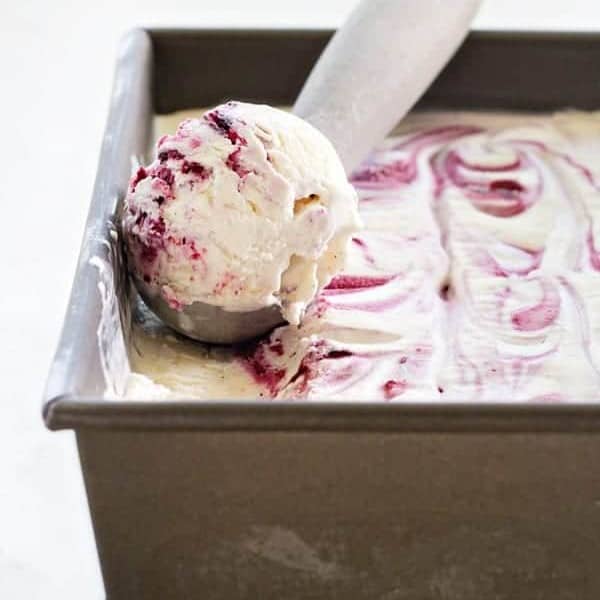 Roasted Berry No-Churn Ice Cream has deep vanilla notes. The creamy texture is absolute heaven!