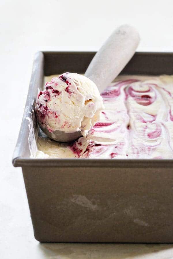 Roasted Berry No-Churn Ice Cream has deep vanilla notes. The creamy texture is absolute heaven!