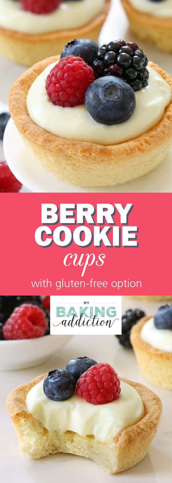 Berry Cookie Cups have a sweet cookie crust and white chocolate cream cheese filling! Fresh, juicy berries make them perfect for summer! Recipe contains gluten-free option.