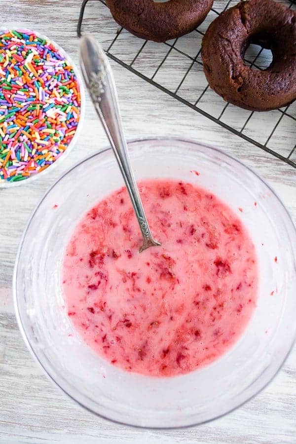 Baked Chocolate Donuts have a sweet strawberry icing right on top. To die for!