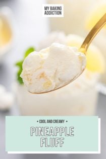 Spoon holding up a bite of pineapple fluff to the camera. Text overlay includes recipe name.
