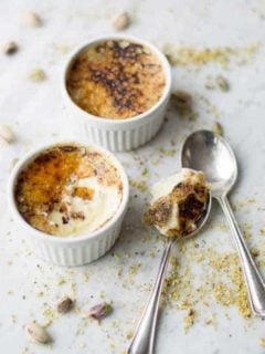 Pistachio Creme Brulee has a beautiful nutty flavored custard. Each spoonful is gorgeous!
