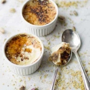 Pistachio Creme Brulee has a beautiful nutty flavored custard. Each spoonful is gorgeous!