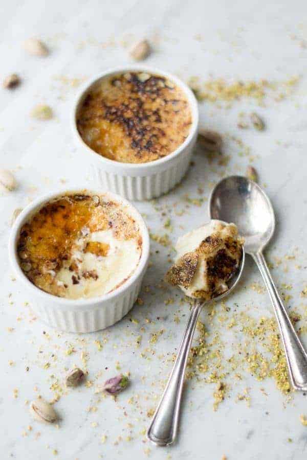 Pistachio Creme Brulee has a beautiful nutty flavored custard. Each spoonful is gorgeous!