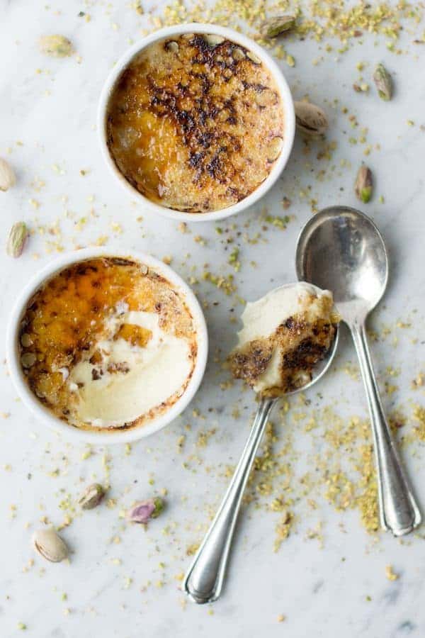 Pistachio Creme Brulee would be a great dessert to wow your guests. Creamy and perfect.